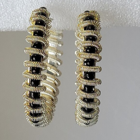 Black with Silver Tone Earrings in a Spiral Design - Picture 3 of 12